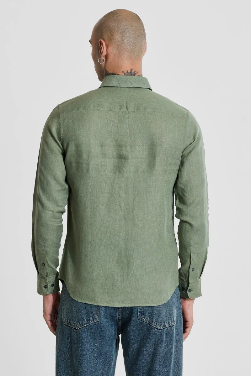 Green Slim Fit 100% Linen Shirt
