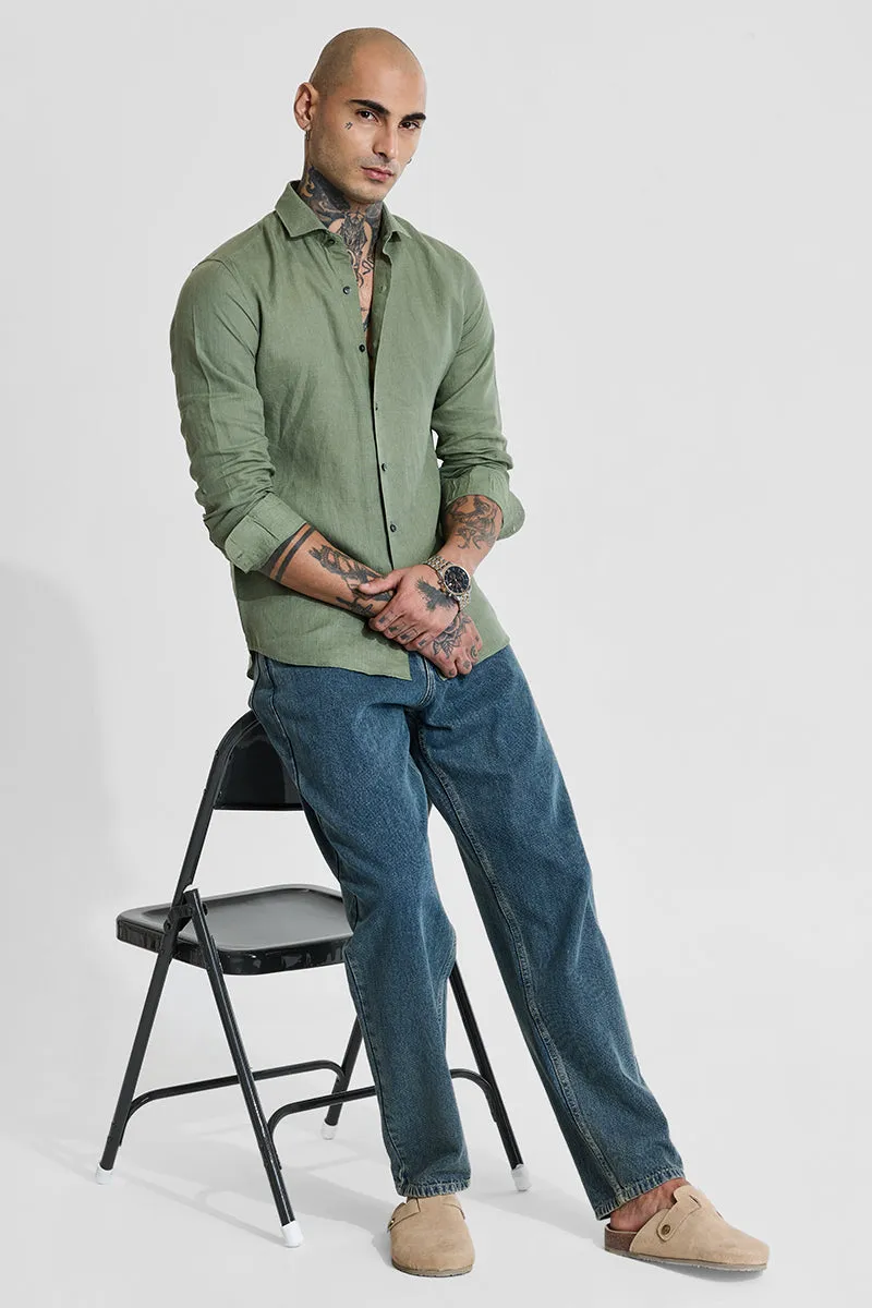 Green Slim Fit 100% Linen Shirt