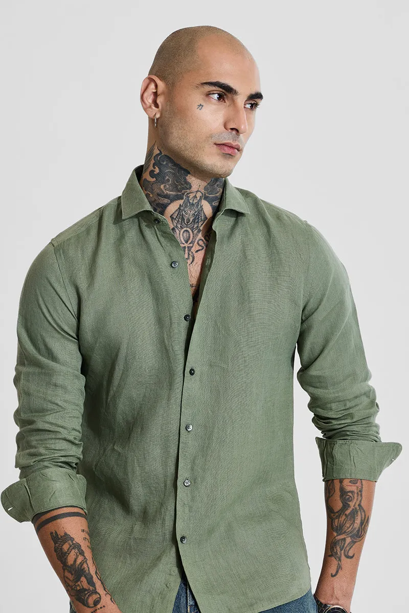 Green Slim Fit 100% Linen Shirt