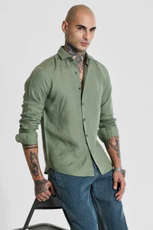 Green Slim Fit 100% Linen Shirt