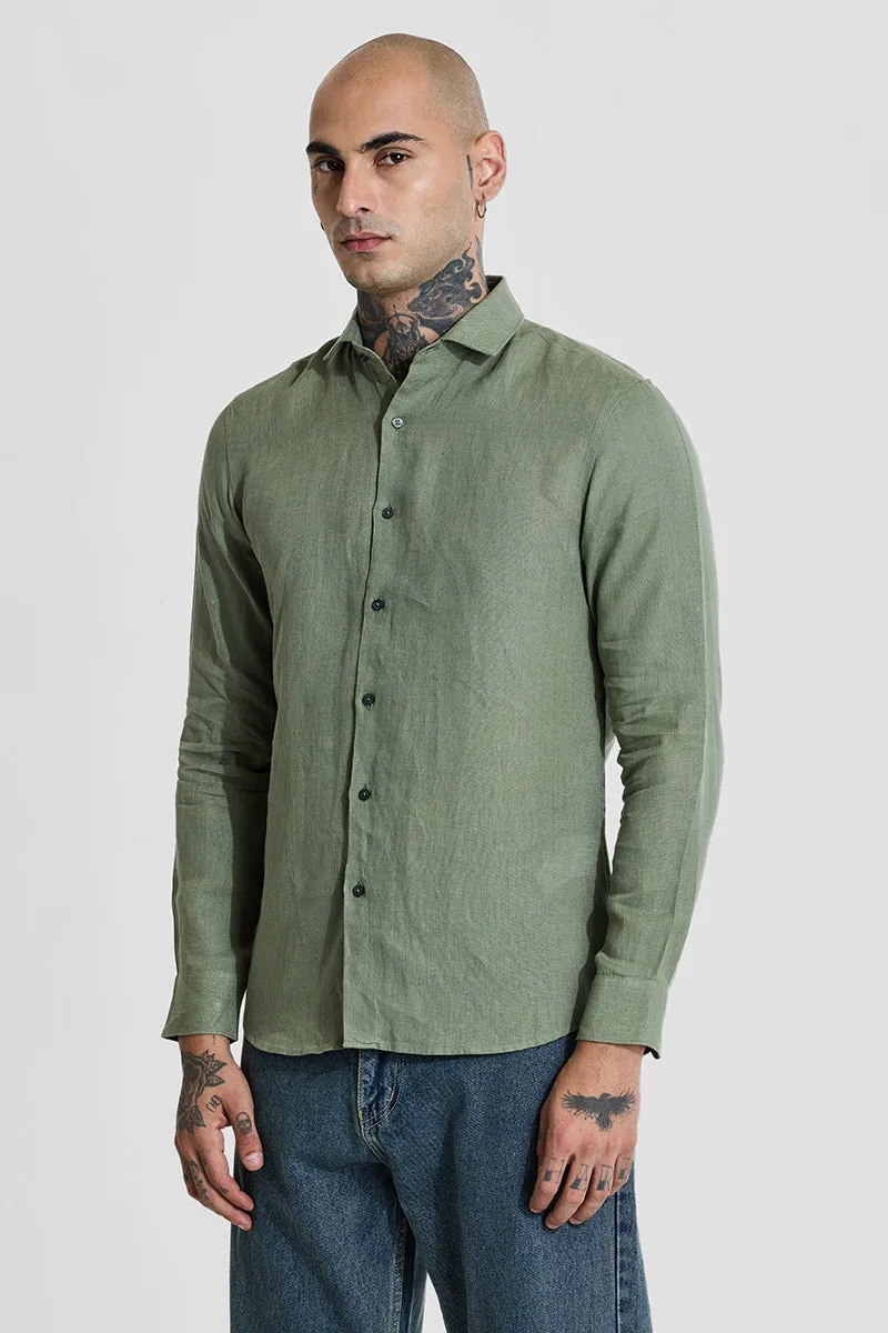 Green Slim Fit 100% Linen Shirt