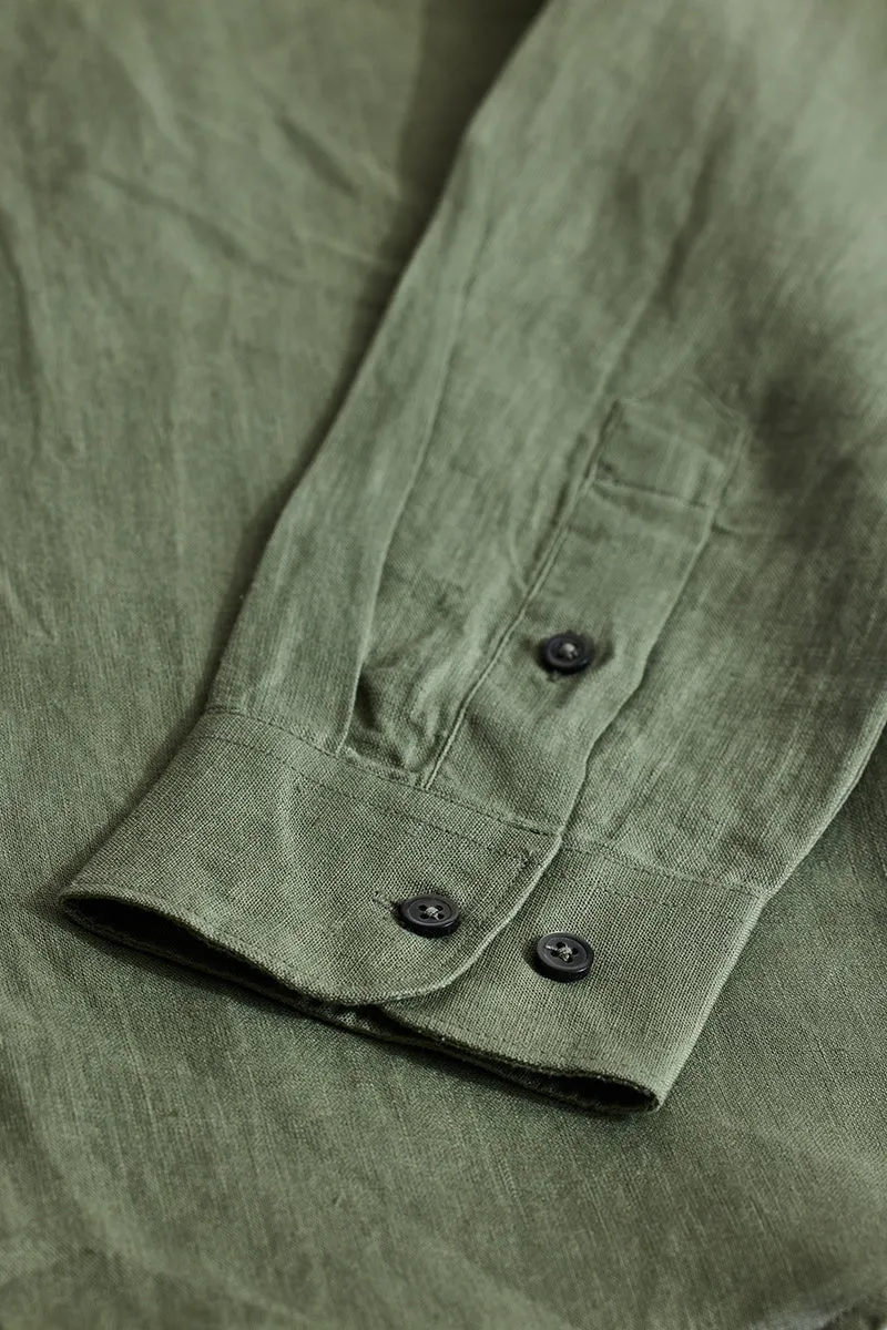 Green Slim Fit 100% Linen Shirt
