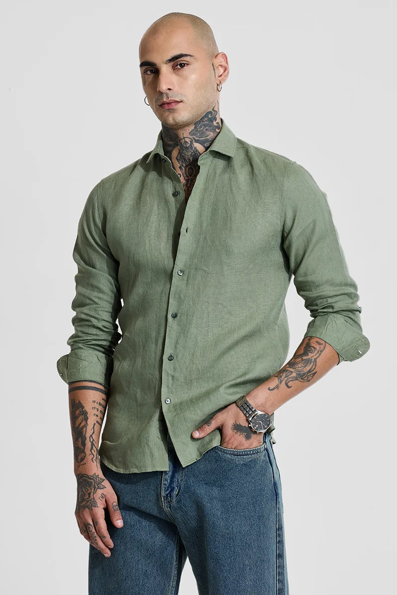 Green Slim Fit 100% Linen Shirt