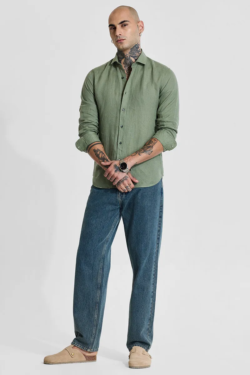 Green Slim Fit 100% Linen Shirt