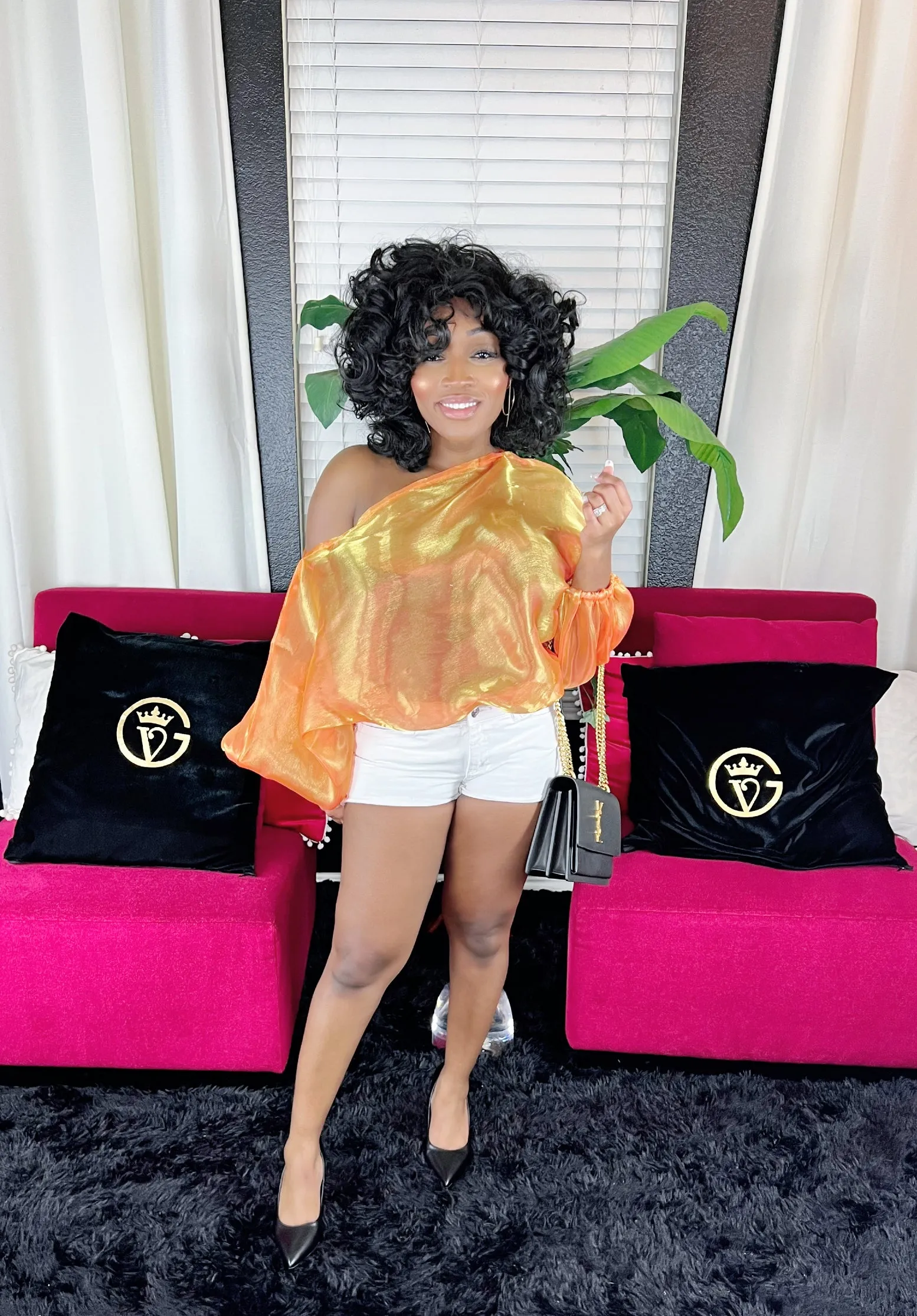 GV Bad and Bougie off shoulder chiffon shirt
