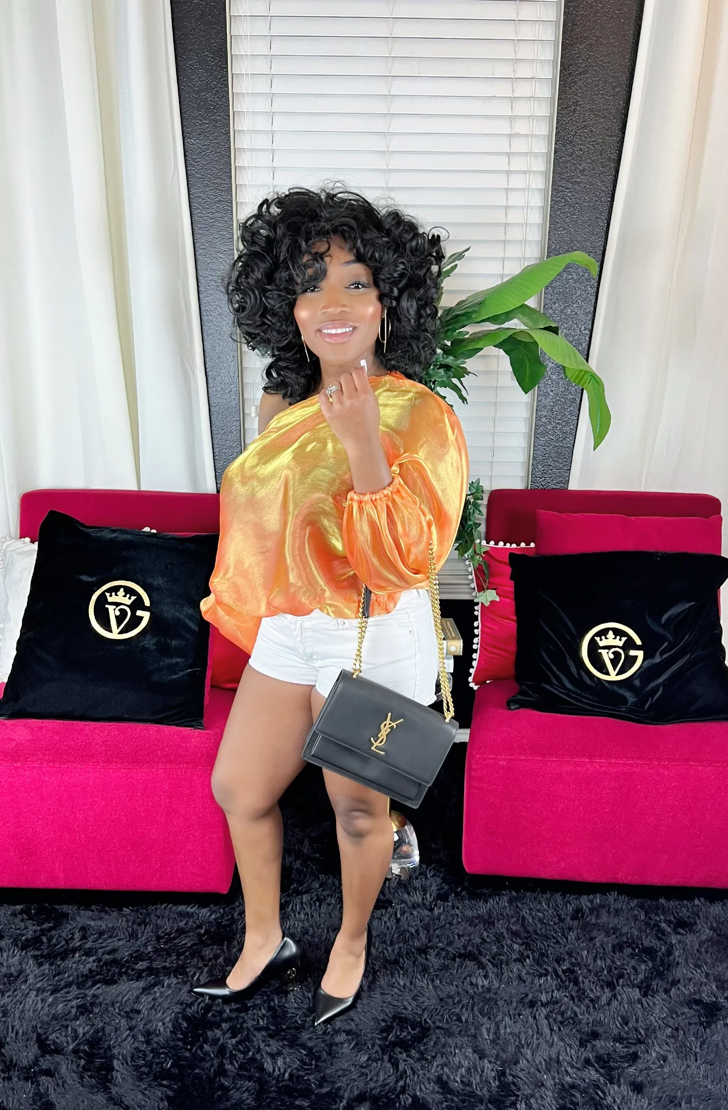 GV Bad and Bougie off shoulder chiffon shirt