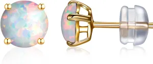 GW Stud Earrings for Women Gold Opal Earrings with 6 MM Round Opal and Ear Stud Earing Jewelry for Lady Daily Wear Party Wedding, White Opal 14K