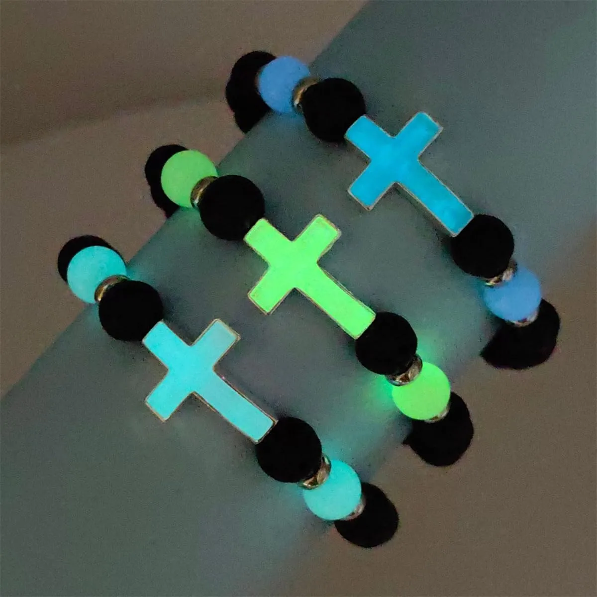 GYRMMUE Gothic Luminous Bracelet,Black Cross Bracelet Vintage Natural Volcanic Stone Bracelet Handmade Beaded Bracelet for Men