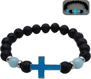 GYRMMUE Gothic Luminous Bracelet,Black Cross Bracelet Vintage Natural Volcanic Stone Bracelet Handmade Beaded Bracelet for Men