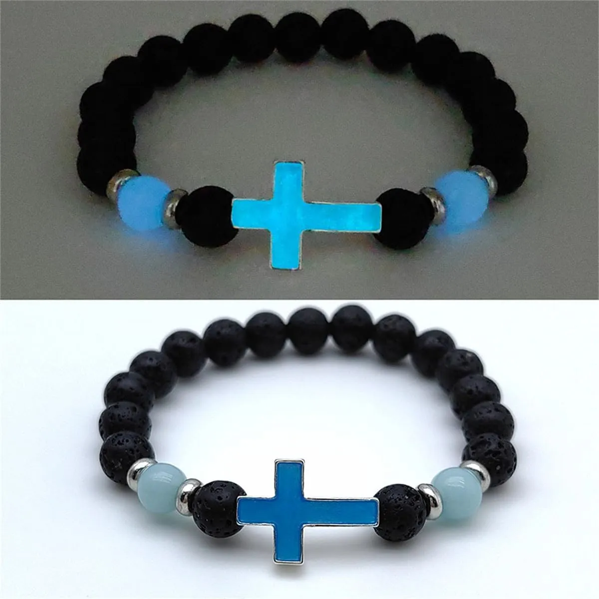 GYRMMUE Gothic Luminous Bracelet,Black Cross Bracelet Vintage Natural Volcanic Stone Bracelet Handmade Beaded Bracelet for Men