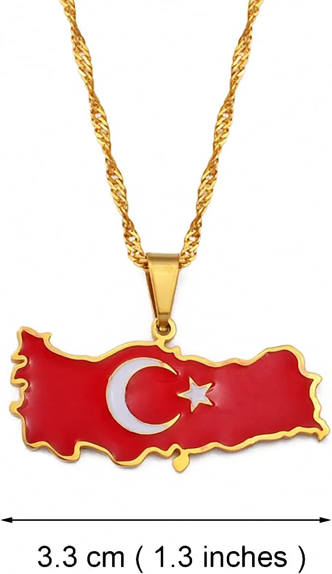 Hafrita Turkey Map Flag Necklace Pendant Men Turkish Gold Turkiye Cumhuriyeti Necklaces
