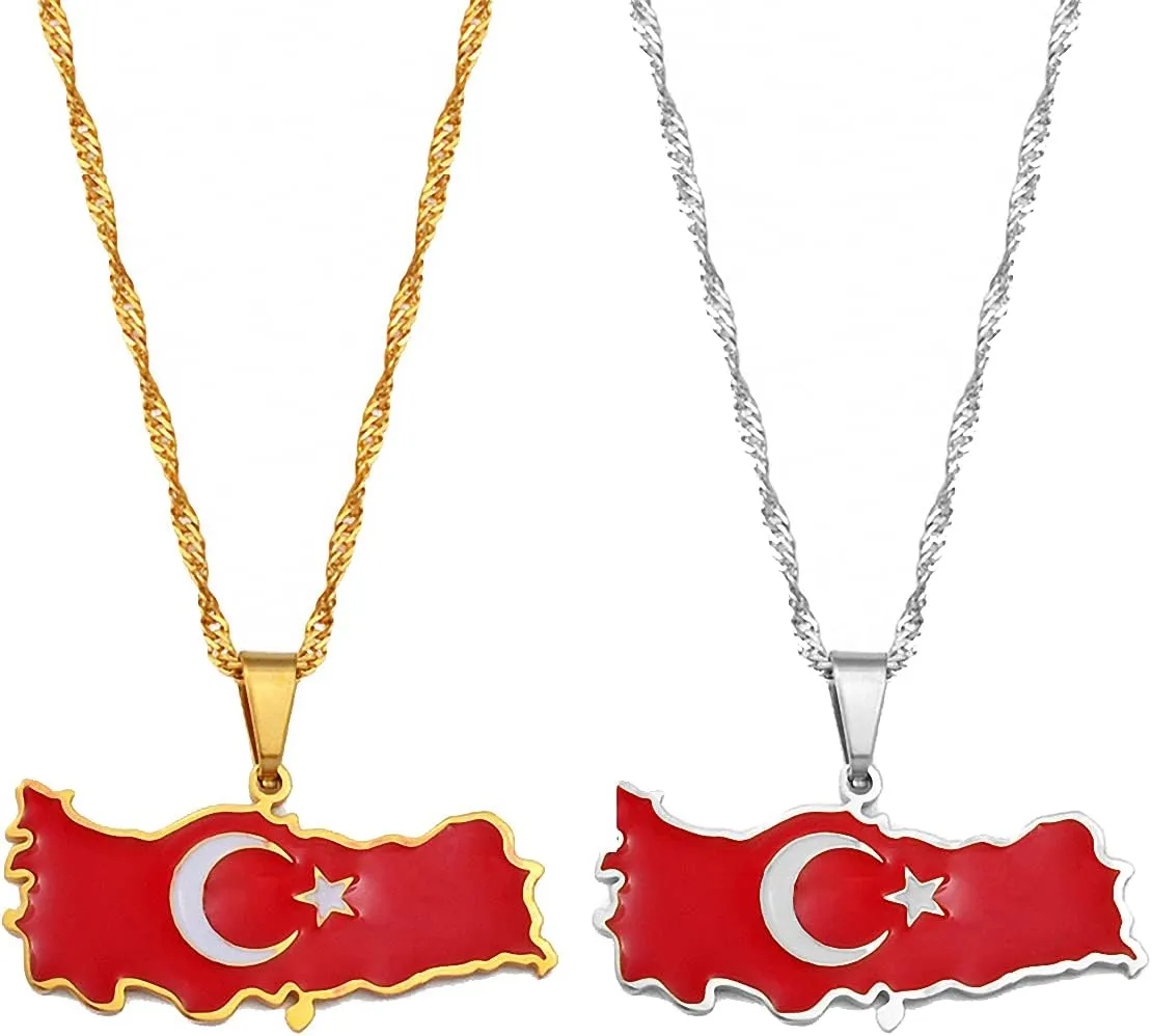 Hafrita Turkey Map Flag Necklace Pendant Men Turkish Gold Turkiye Cumhuriyeti Necklaces