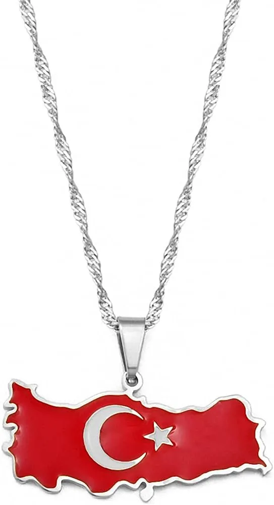 Hafrita Turkey Map Flag Necklace Pendant Men Turkish Gold Turkiye Cumhuriyeti Necklaces