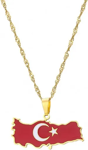 Hafrita Turkey Map Flag Necklace Pendant Men Turkish Gold Turkiye Cumhuriyeti Necklaces