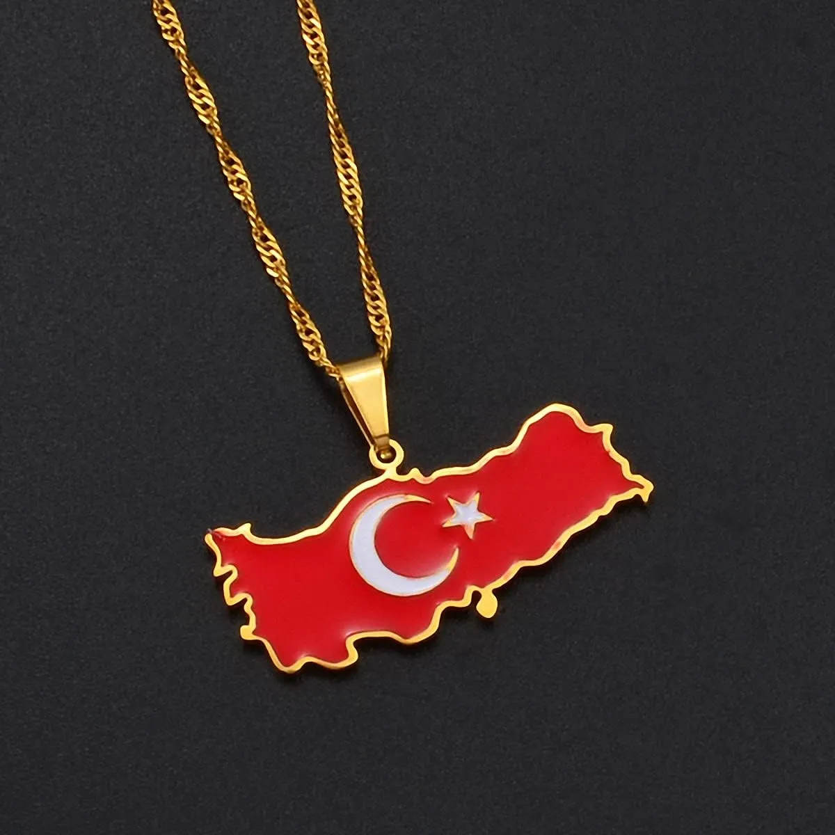 Hafrita Turkey Map Flag Necklace Pendant Men Turkish Gold Turkiye Cumhuriyeti Necklaces