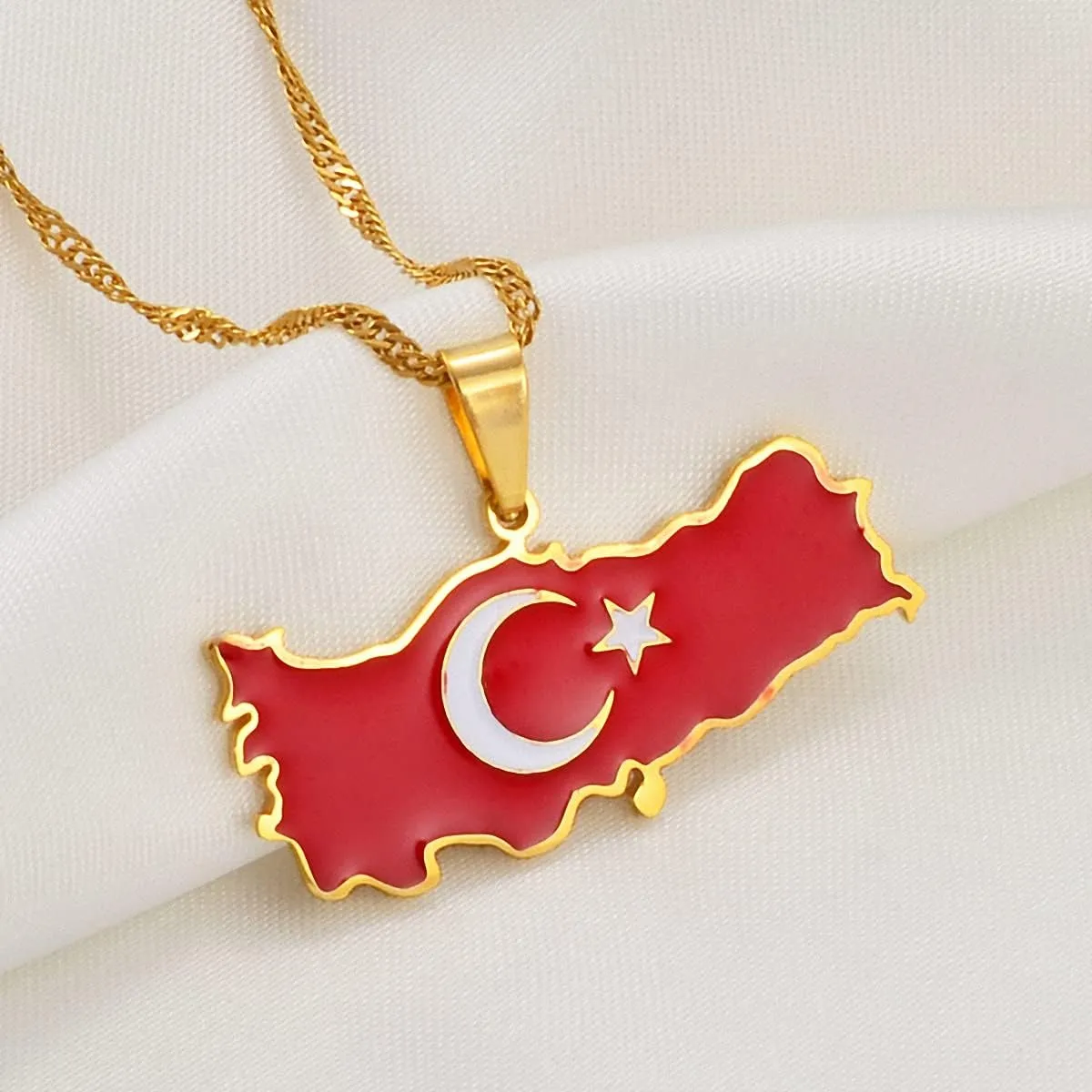 Hafrita Turkey Map Flag Necklace Pendant Men Turkish Gold Turkiye Cumhuriyeti Necklaces