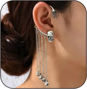 Halloween Skull Earrings - Gothic Punk Ear Cuffs With Long Tassels - Non-Piercing Party Jewelry