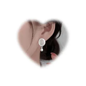 Handmade Vintage White Moonstone Drop Earrings Circle Moonstone Stud Earrings Silver Gemstone Earrings Minimal Birthstone Earrings Bridal Wedding Earrings for Women and Girls Gifts (White)