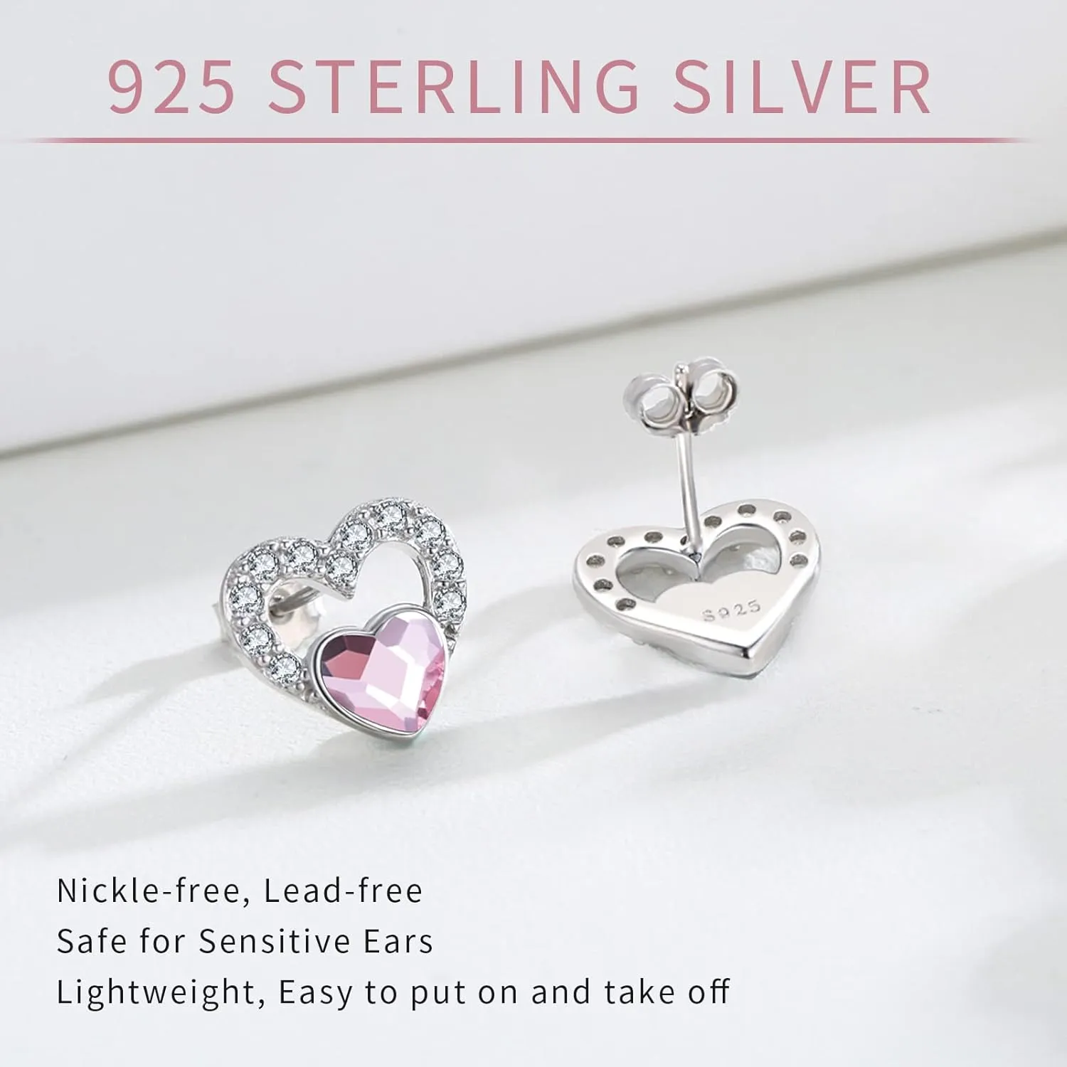 Heart Birthstone Earrings for Women 925 Sterling Silver Heart Stud Earrings Minimalist Crystal Cz Earrings Birthstone Jewelry Gifts