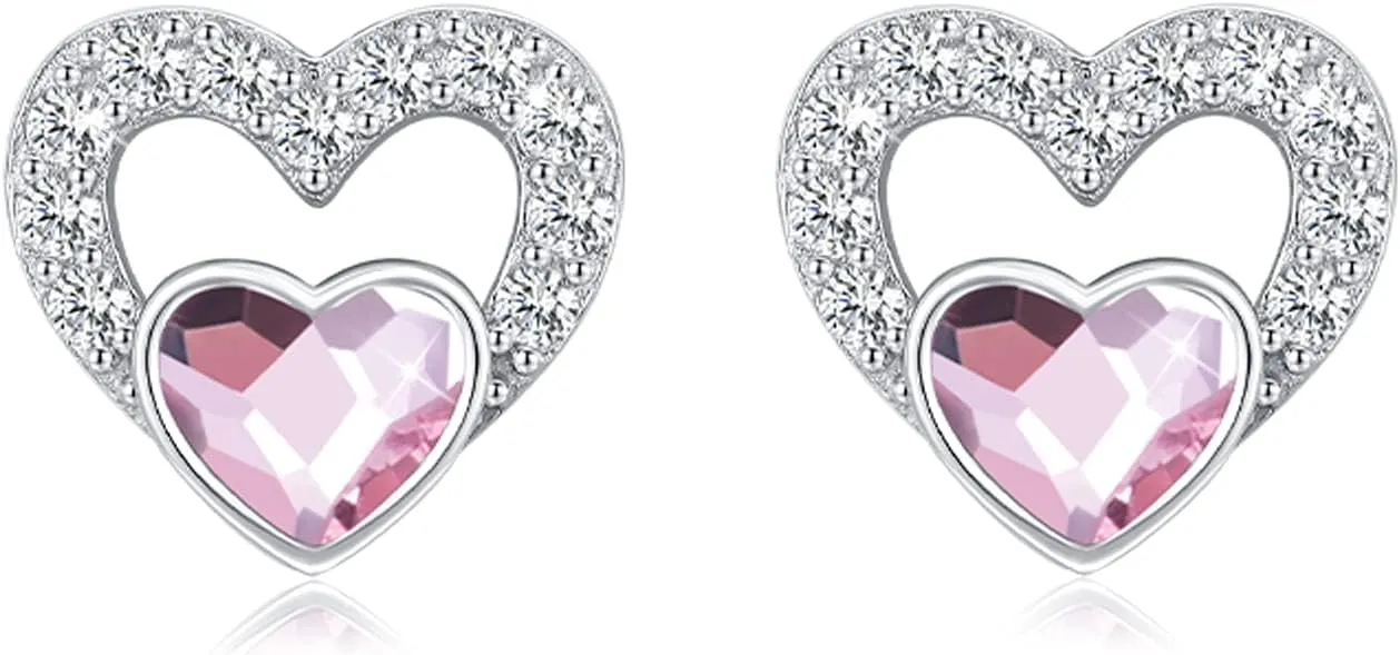 Heart Birthstone Earrings for Women 925 Sterling Silver Heart Stud Earrings Minimalist Crystal Cz Earrings Birthstone Jewelry Gifts