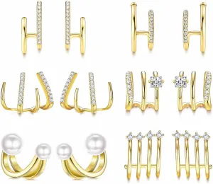 Helicopchain 6Pairs Claw Earrings Cuff for Women 316L Stainless Steel Ear Wrap Stud Earrings Minimalist Huggie Pearl Cubic Zirconin Needle Ear Cuffs Piercing EarringsGold