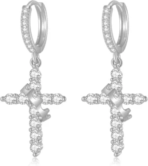 Hersin Crown Cross Earrings for Women 18K Gold Plated Diamond Drop Dangle Cross Hoop Earrings Small CZ Huggie Hoops Faith Cross Jewelry Gifts for Women Men