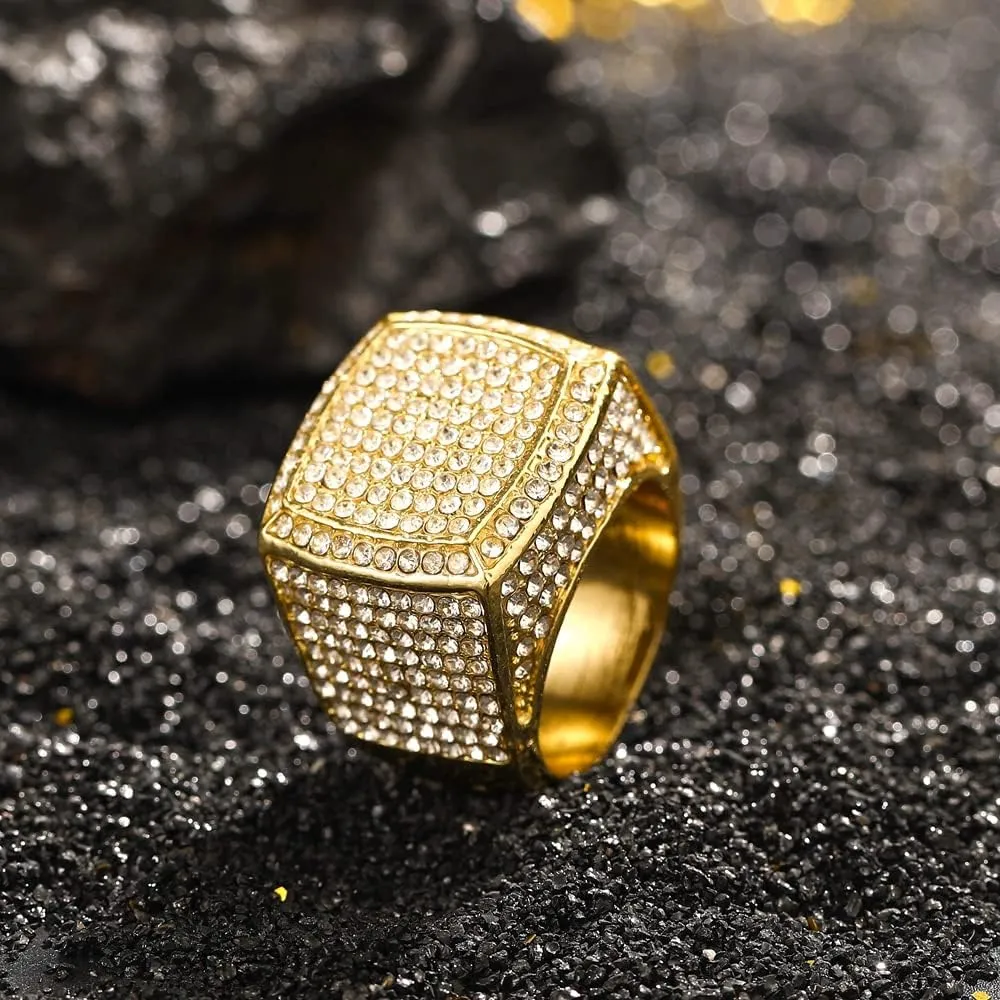 HH BLING EMPIRE Iced Out Gold Silver Rings for Men, Bling Hip Hop Rapper Icy Diamond Men Rings, Big Square Ring Band Size 8/9/10/11/12