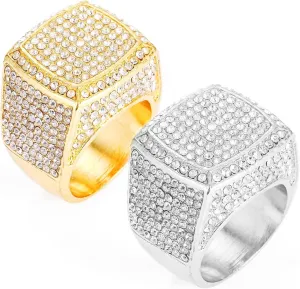 HH BLING EMPIRE Iced Out Gold Silver Rings for Men, Bling Hip Hop Rapper Icy Diamond Men Rings, Big Square Ring Band Size 8/9/10/11/12