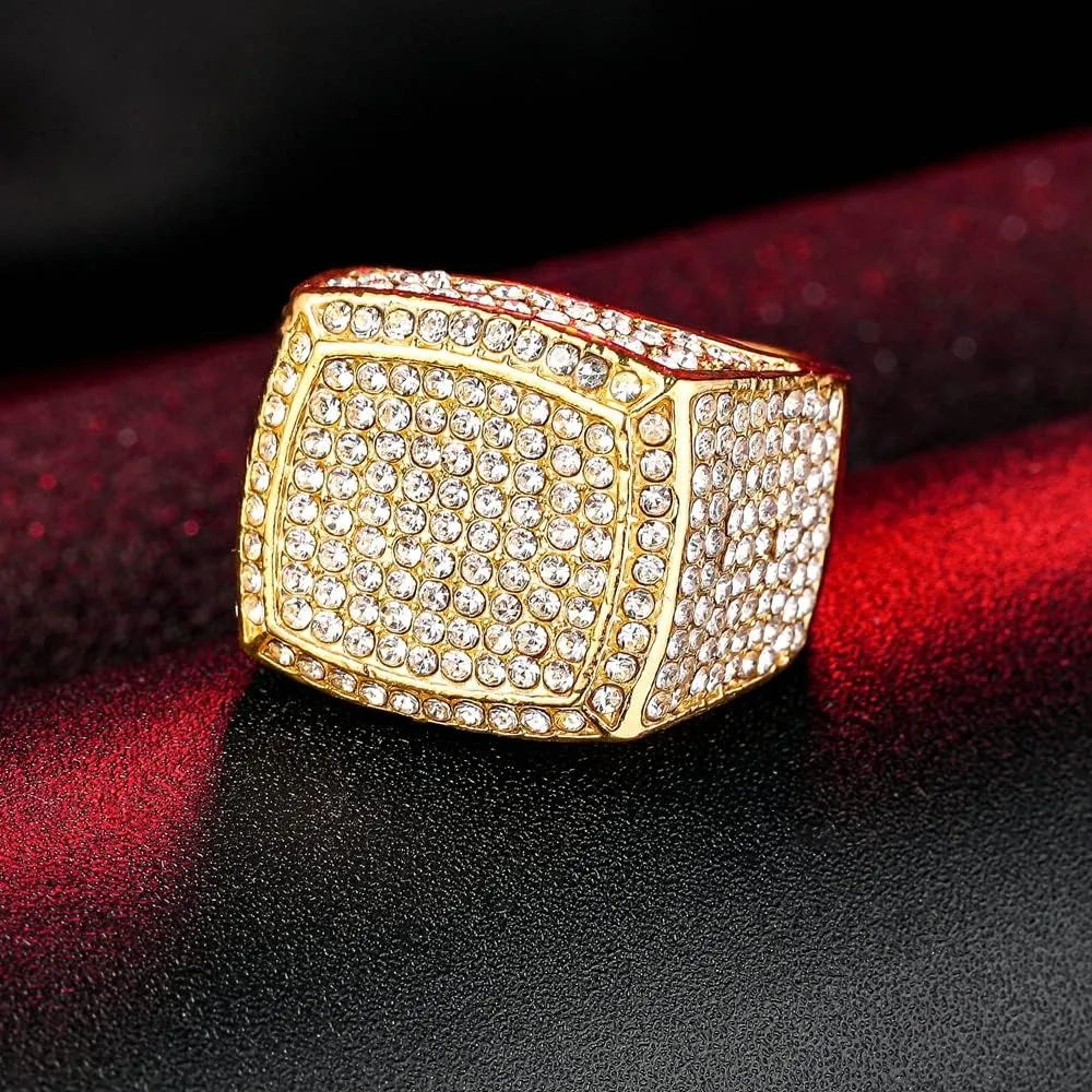 HH BLING EMPIRE Iced Out Gold Silver Rings for Men, Bling Hip Hop Rapper Icy Diamond Men Rings, Big Square Ring Band Size 8/9/10/11/12
