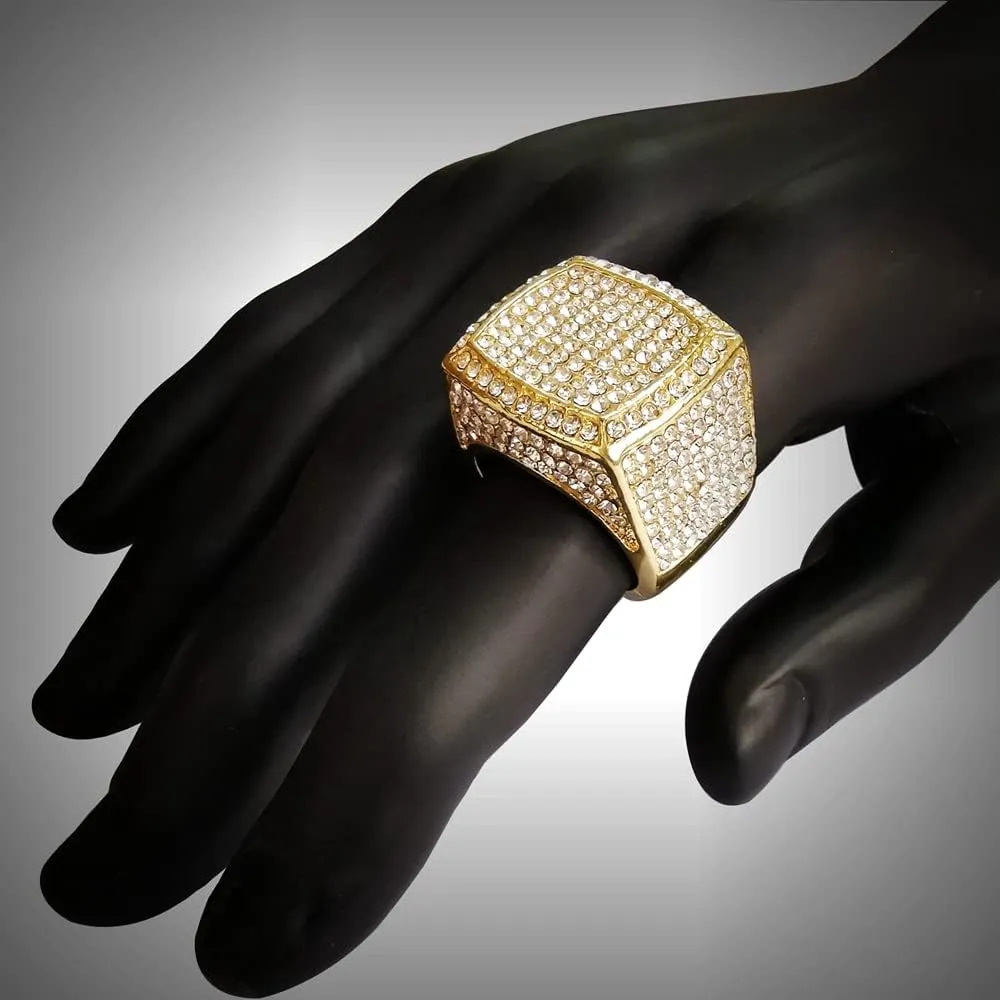 HH BLING EMPIRE Iced Out Gold Silver Rings for Men, Bling Hip Hop Rapper Icy Diamond Men Rings, Big Square Ring Band Size 8/9/10/11/12
