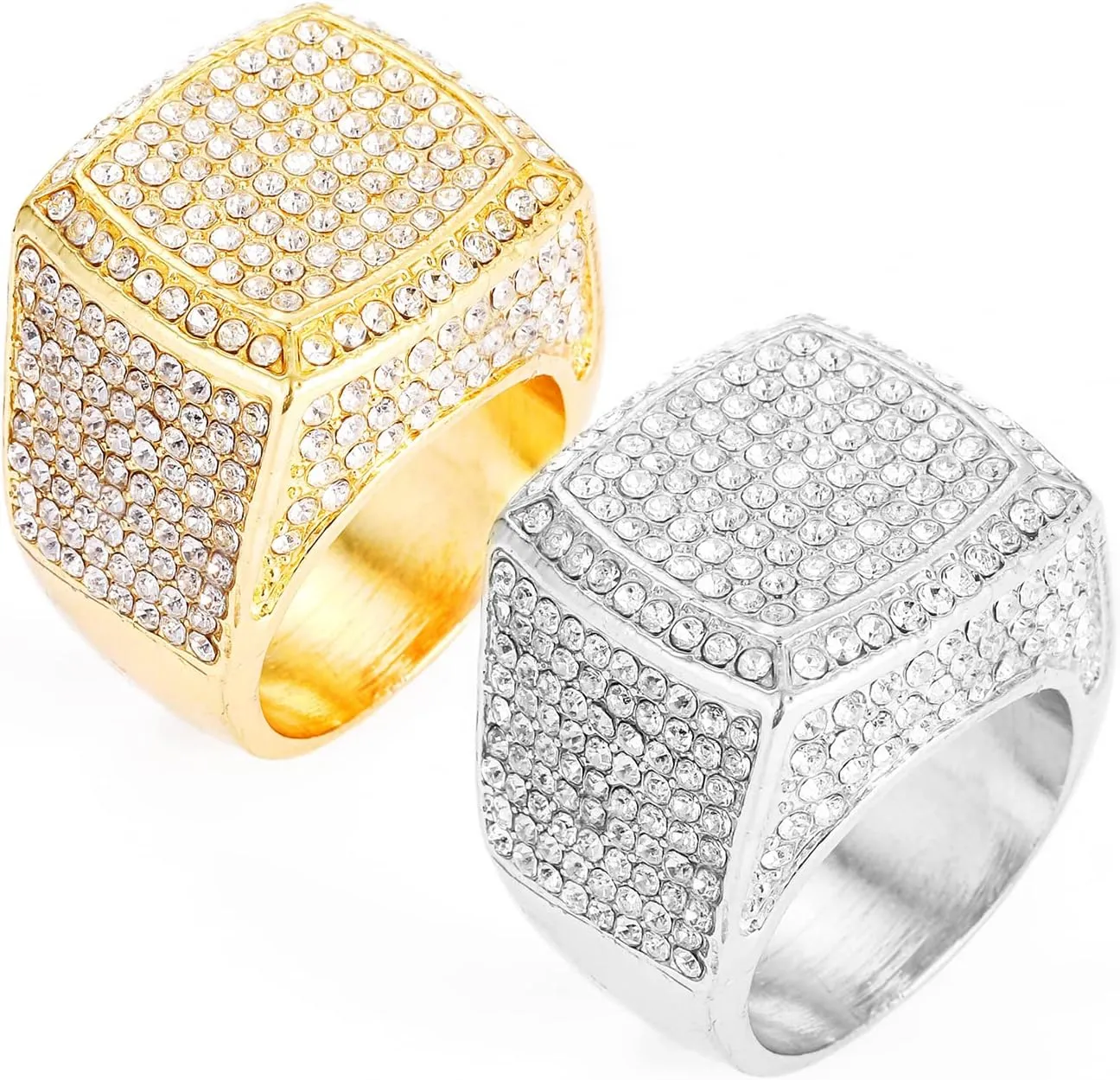 HH BLING EMPIRE Iced Out Gold Silver Rings for Men, Bling Hip Hop Rapper Icy Diamond Men Rings, Big Square Ring Band Size 8/9/10/11/12
