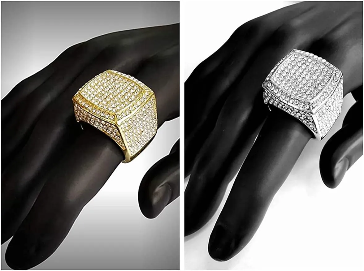 HH BLING EMPIRE Iced Out Gold Silver Rings for Men, Bling Hip Hop Rapper Icy Diamond Men Rings, Big Square Ring Band Size 8/9/10/11/12