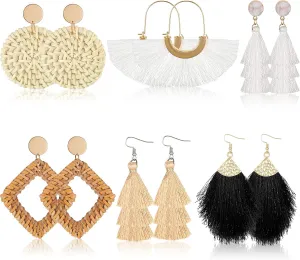 Hicarer 6 Pair Rattan Earrings Straw Tassel Bohemian Earrings for Girl Women Summer Beach Party