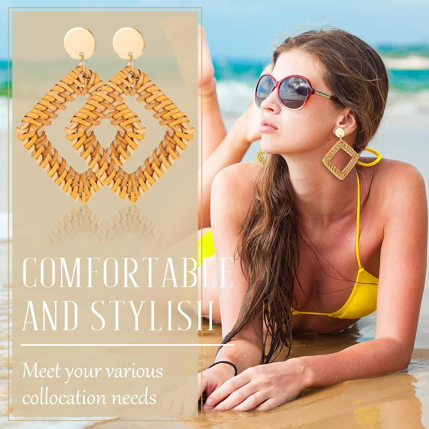 Hicarer 6 Pair Rattan Earrings Straw Tassel Bohemian Earrings for Girl Women Summer Beach Party