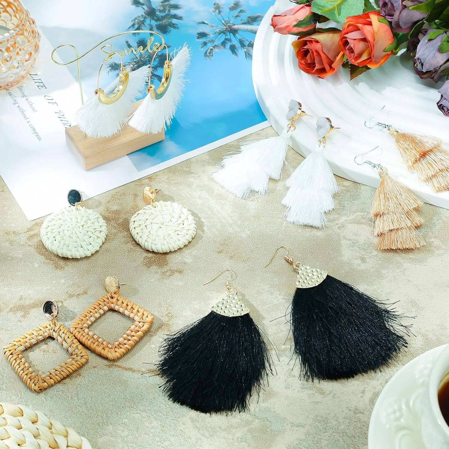 Hicarer 6 Pair Rattan Earrings Straw Tassel Bohemian Earrings for Girl Women Summer Beach Party