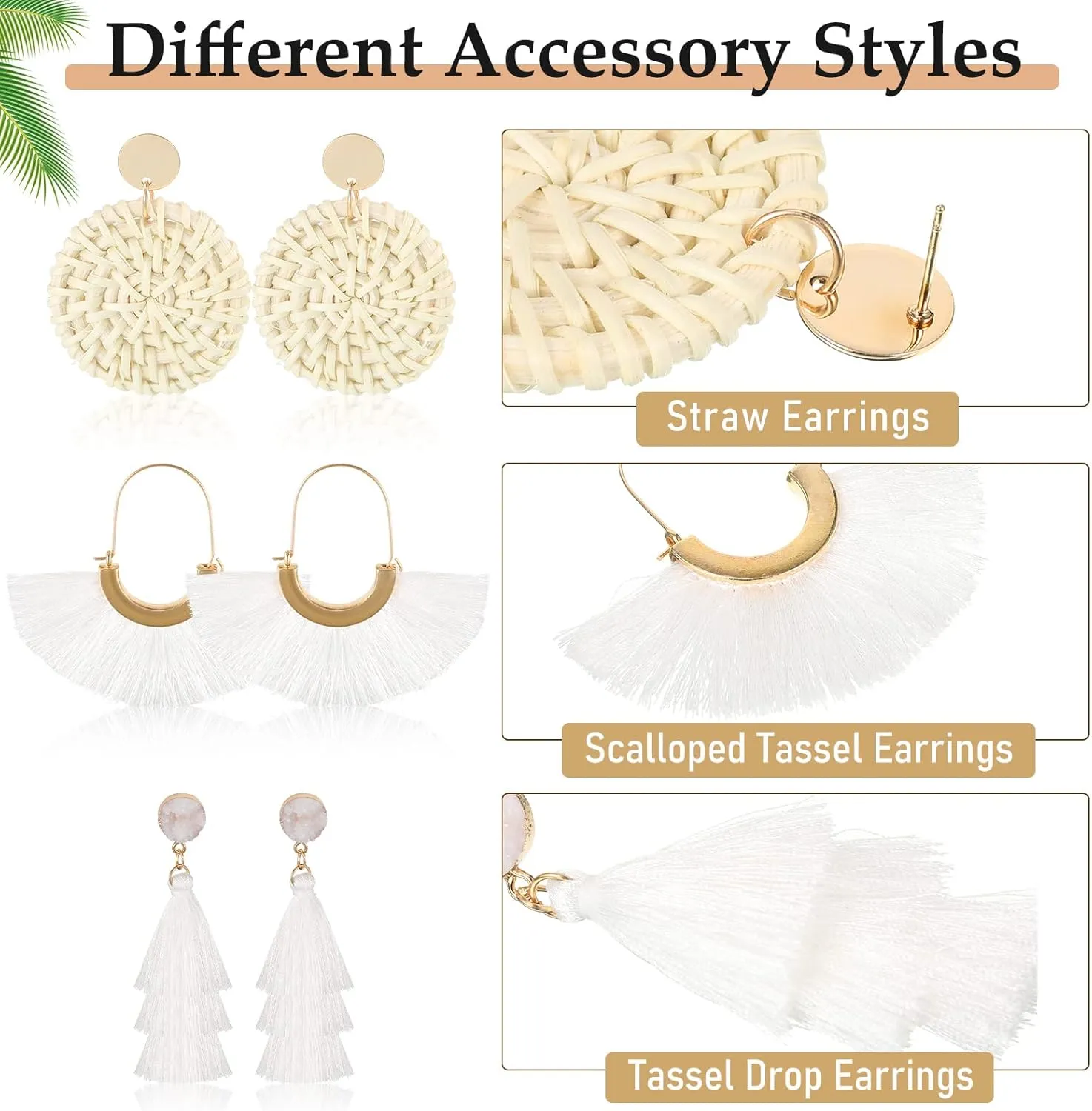 Hicarer 6 Pair Rattan Earrings Straw Tassel Bohemian Earrings for Girl Women Summer Beach Party