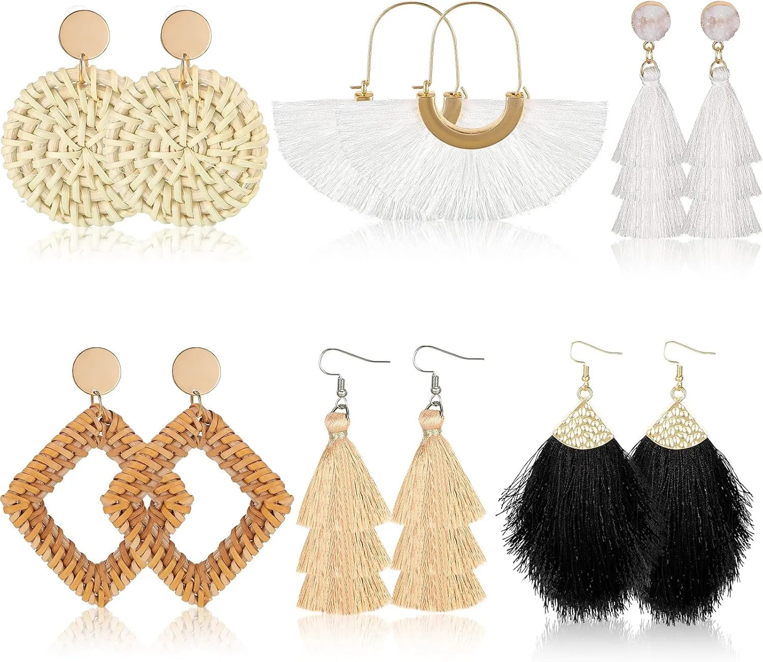Hicarer 6 Pair Rattan Earrings Straw Tassel Bohemian Earrings for Girl Women Summer Beach Party