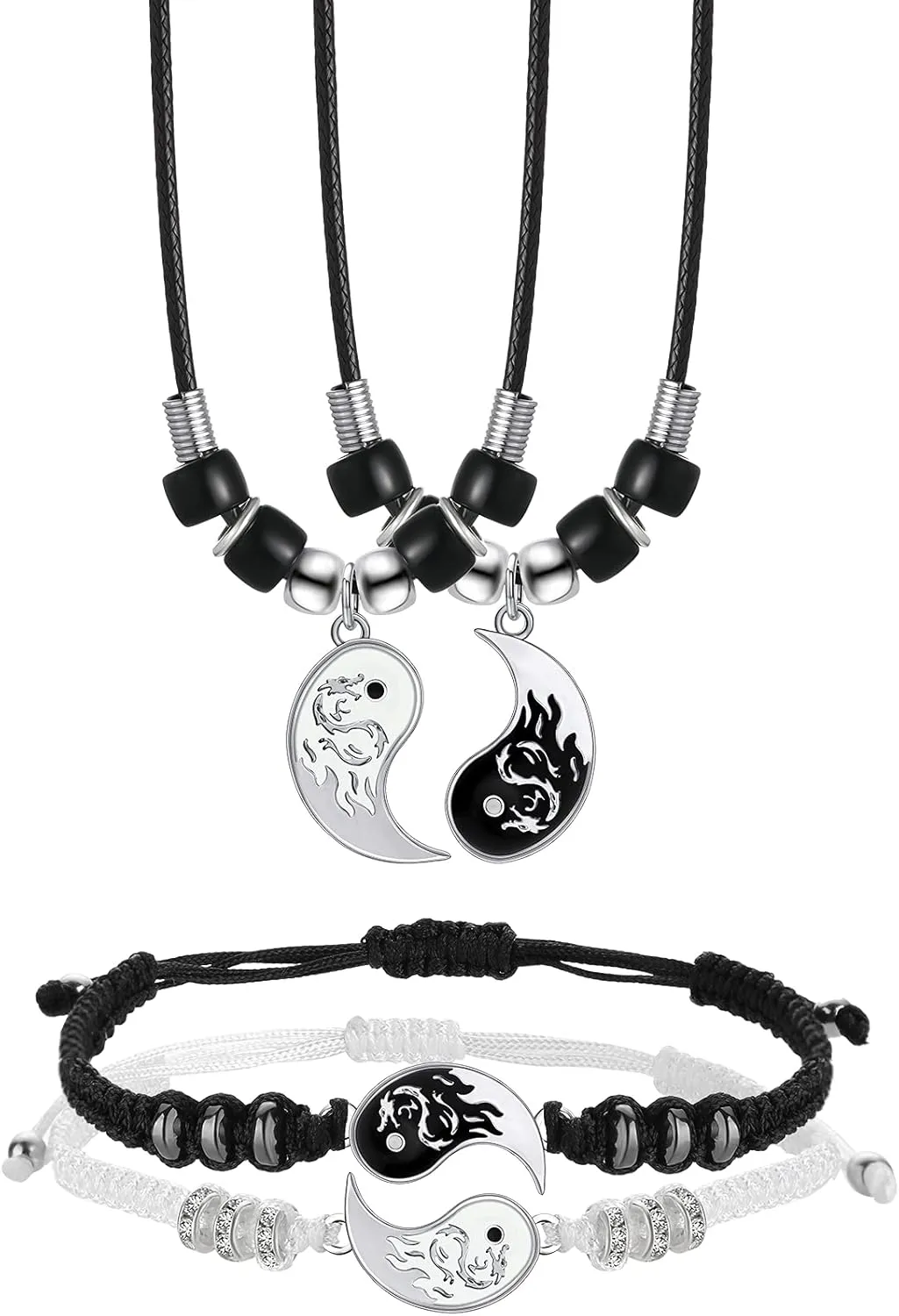 Hicarer Yin Yang Friend Couple Necklace and Bracelet Set, 2 Pieces Matching Yin Yang Dragon Pendant Necklace 2 Pieces Adjustable Cord Bracelet for BFF Boyfriend Girlfriend Birthday Gifts