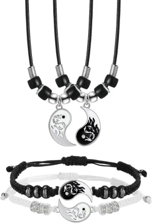 Hicarer Yin Yang Friend Couple Necklace and Bracelet Set, 2 Pieces Matching Yin Yang Dragon Pendant Necklace 2 Pieces Adjustable Cord Bracelet for BFF Boyfriend Girlfriend Birthday Gifts
