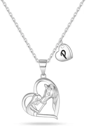 Horse Gifts for Women Horse Necklace, Silver Initial Heart Necklace Horse Necklaces for Women Women Easter Gifts Women Jewelry Letter Initial Necklace for Women