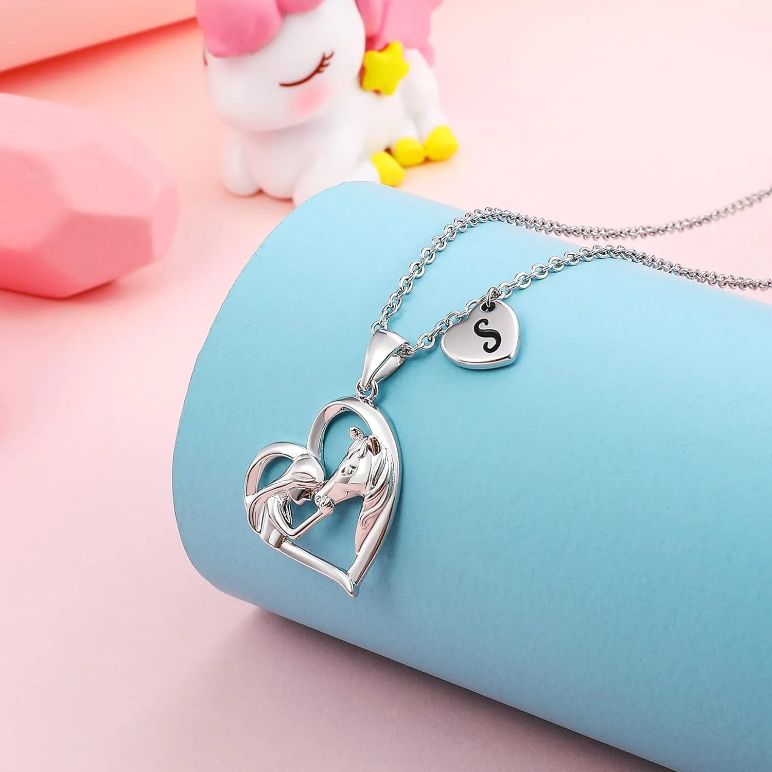 Horse Gifts for Women Horse Necklace, Silver Initial Heart Necklace Horse Necklaces for Women Women Easter Gifts Women Jewelry Letter Initial Necklace for Women