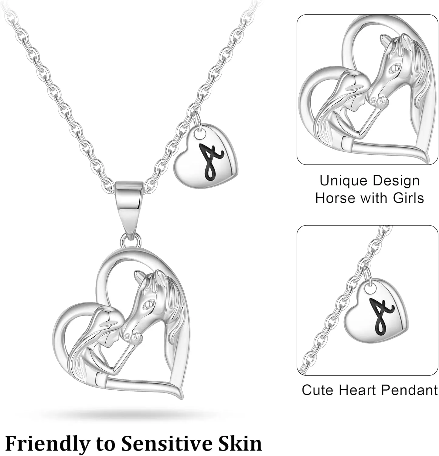 Horse Gifts for Women Horse Necklace, Silver Initial Heart Necklace Horse Necklaces for Women Women Easter Gifts Women Jewelry Letter Initial Necklace for Women