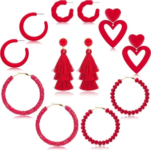 Hot Pink Earrings for women, 6 Style Boho Earrings Set, Include Love Heart/ Tassel/ Beaded/ Chunky/ Rope/ Glitter Sequins Earrings, Must Haves Pink Accessories Gifts for Women, Jewelry Gifts for Her Women