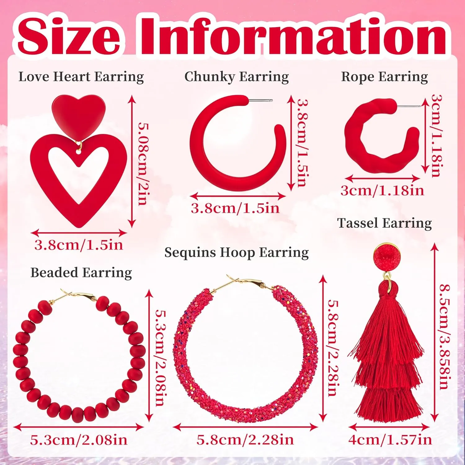 Hot Pink Earrings for women, 6 Style Boho Earrings Set, Include Love Heart/ Tassel/ Beaded/ Chunky/ Rope/ Glitter Sequins Earrings, Must Haves Pink Accessories Gifts for Women, Jewelry Gifts for Her Women