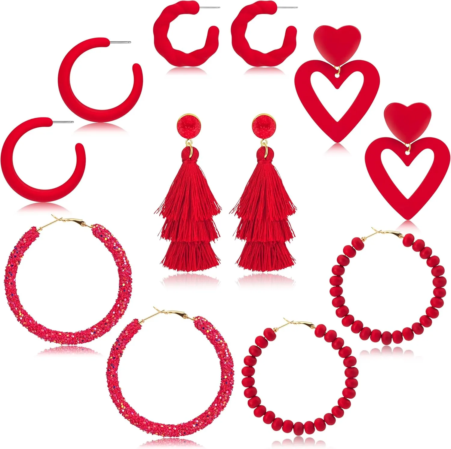 Hot Pink Earrings for women, 6 Style Boho Earrings Set, Include Love Heart/ Tassel/ Beaded/ Chunky/ Rope/ Glitter Sequins Earrings, Must Haves Pink Accessories Gifts for Women, Jewelry Gifts for Her Women