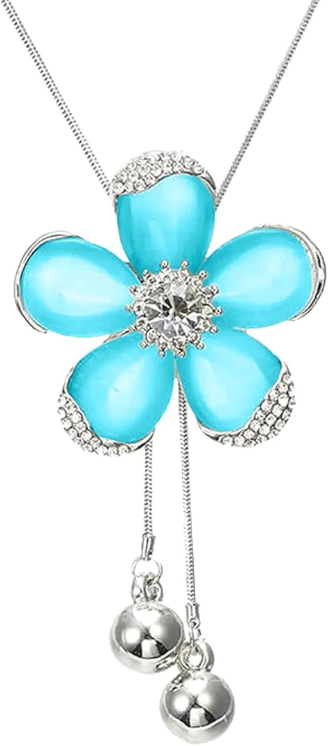 HSQYJ Crystal Sunflower Pendant Long Necklaces for Women Adjustable Blue/Pink Rhinestone Sweater Statement Necklace Fashion Jewelry for Women