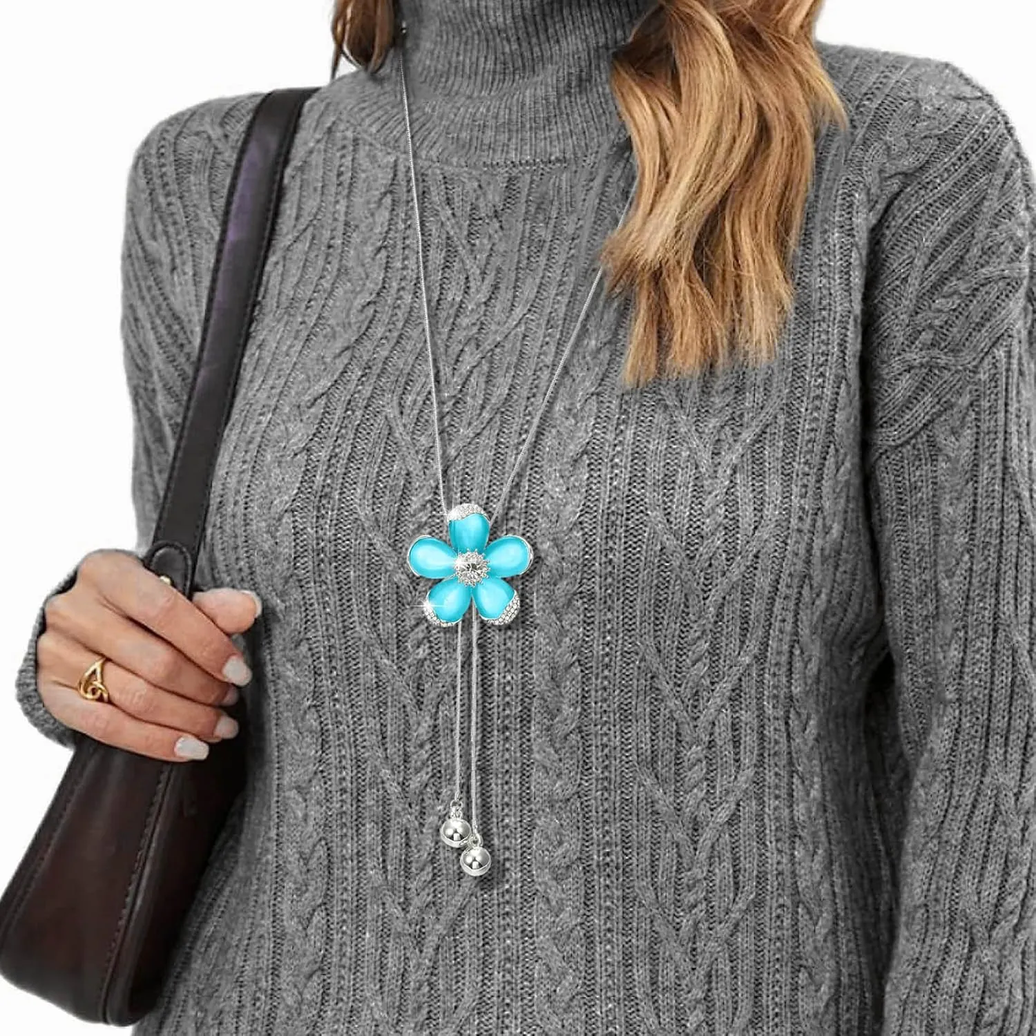 HSQYJ Crystal Sunflower Pendant Long Necklaces for Women Adjustable Blue/Pink Rhinestone Sweater Statement Necklace Fashion Jewelry for Women