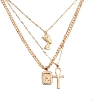 HUJUON 3-Layer Nefertiti Pharaoh Necklace. Punk Gold Egyptian Queen Cross Pendant Necklace,Hip Hop African Women Men Jewelry