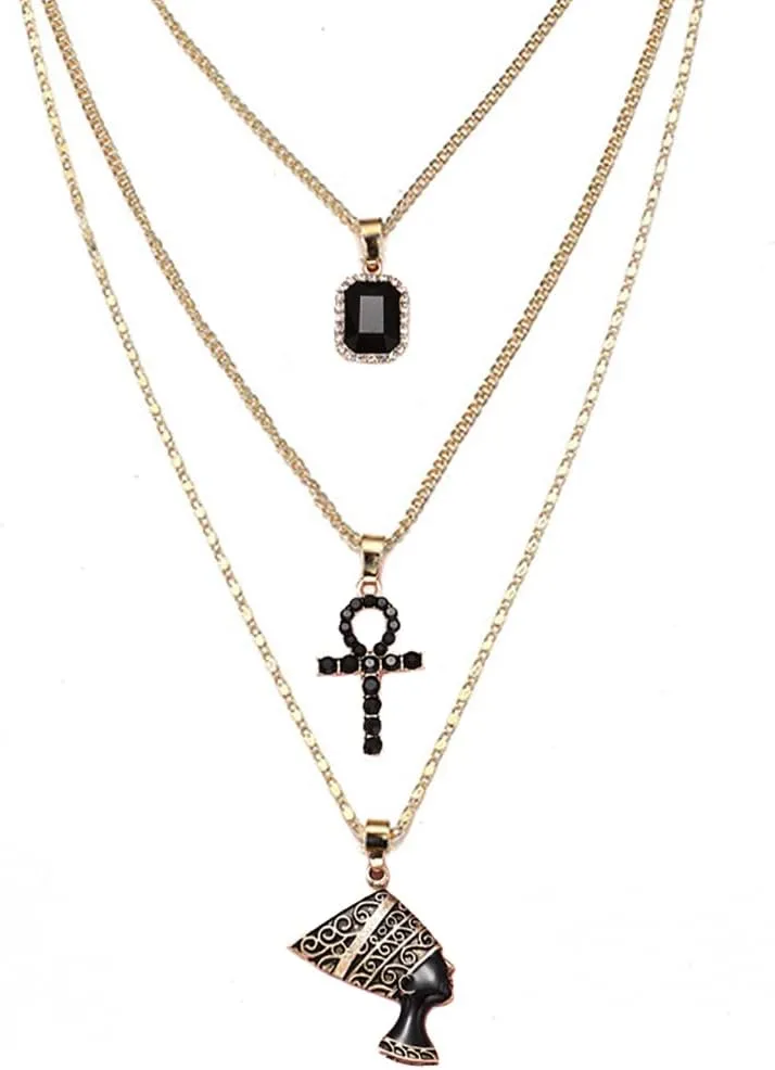 HUJUON 3-Layer Nefertiti Pharaoh Necklace. Punk Gold Egyptian Queen Cross Pendant Necklace,Hip Hop African Women Men Jewelry