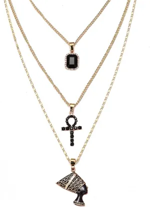 HUJUON 3-Layer Nefertiti Pharaoh Necklace. Punk Gold Egyptian Queen Cross Pendant Necklace,Hip Hop African Women Men Jewelry